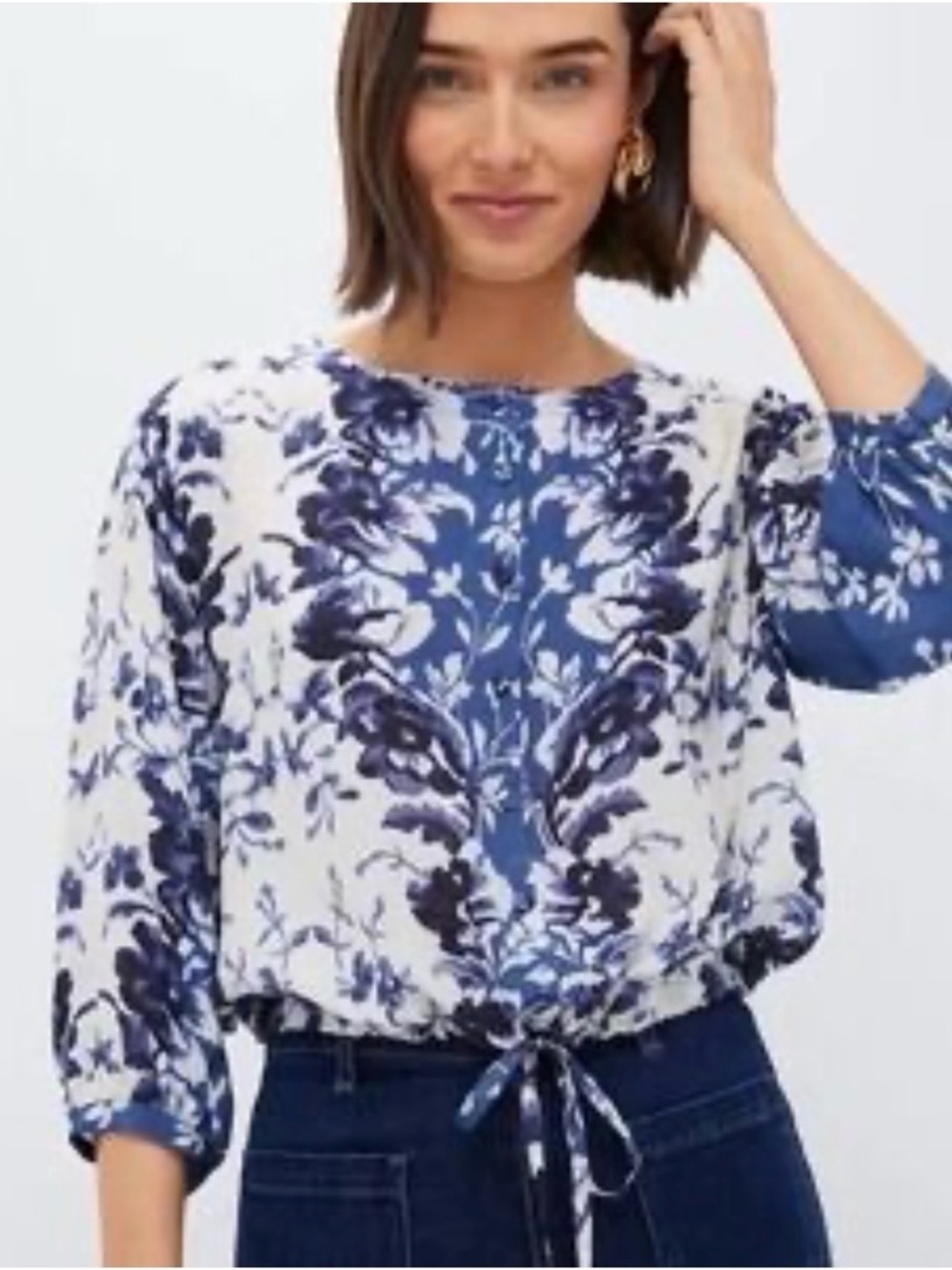 Tuckernuck Floral Horizon Top Navy Blue Cream sz S NEW